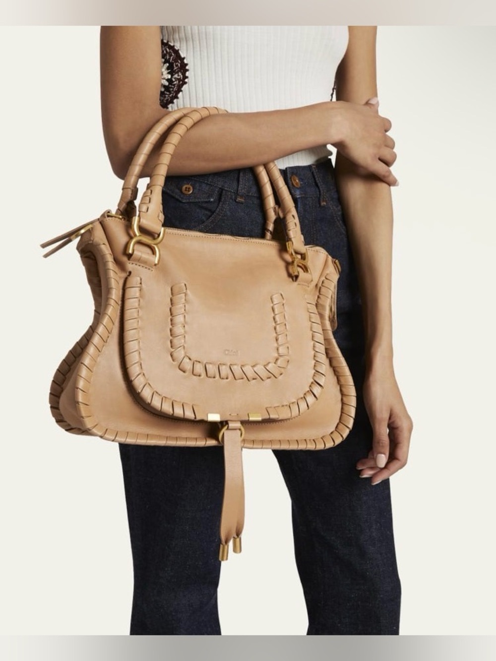 Chloe Marcie Medium Special Whipstitch Edition Tan Nude Crossbody Bag Like-New
